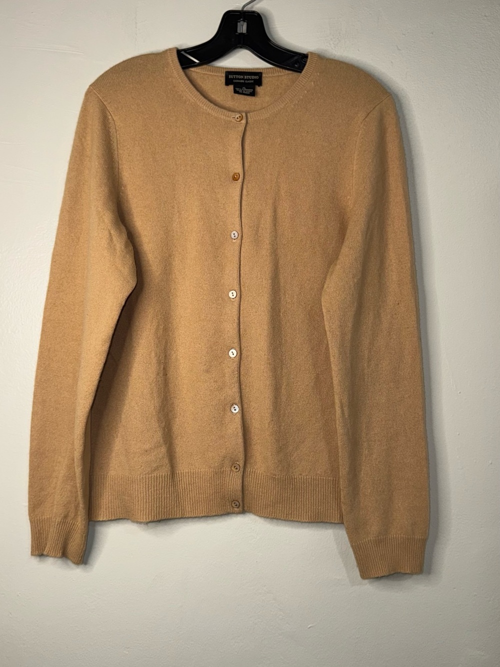 Sutton Studio Cashmere Camel Button-Up Crewneck Cardigan